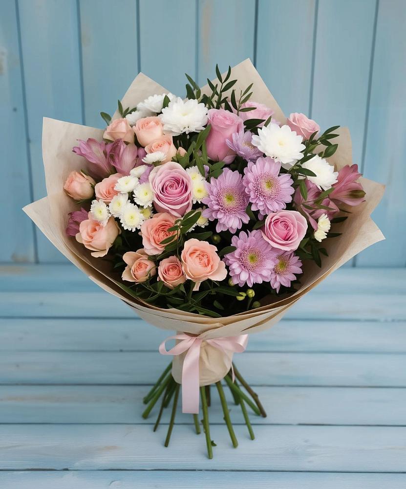 Букет цветов из: Хризантемы, Розы и Альстромерии в Унъюган