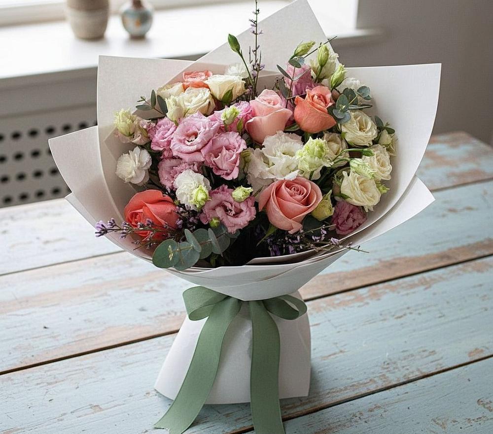 Букет цветов из: Розы, Лизиантусы и Гвоздики в Унъюган