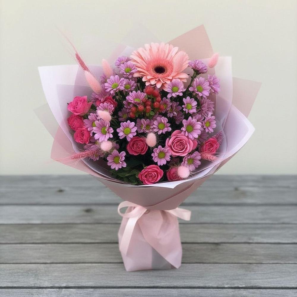 Букет цветов из: Розы, Герберы и Хризантемы в Унъюган