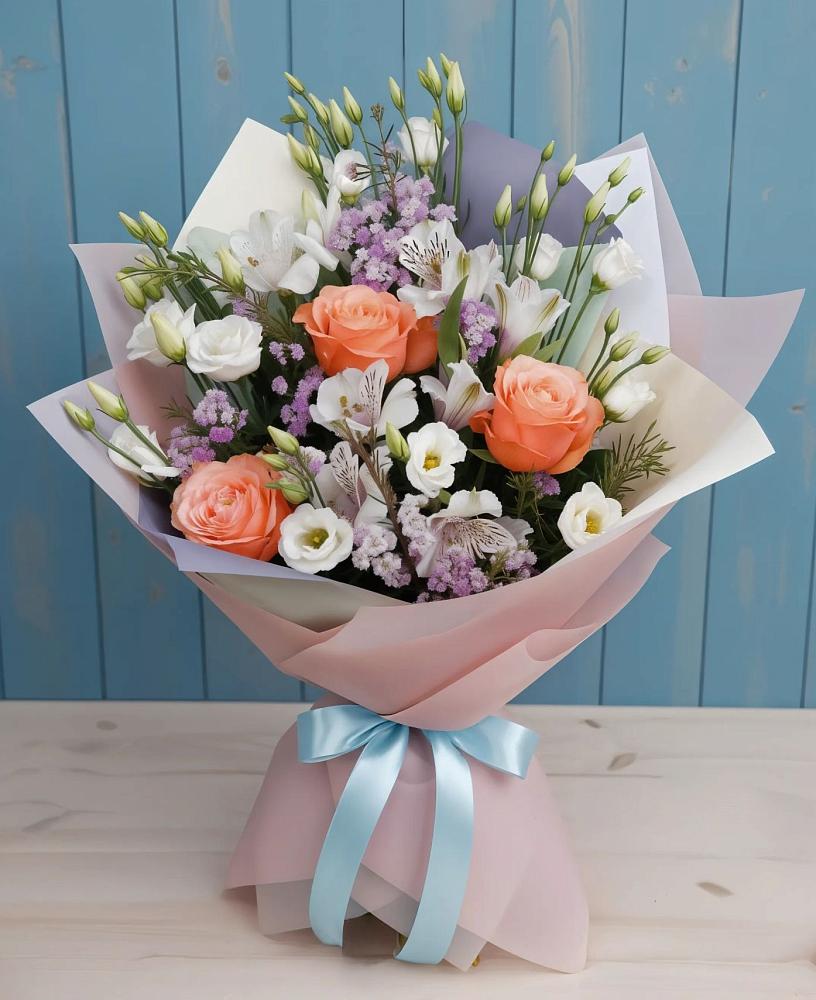 Букет цветов из: Лизиантусы, Розы, Альстромерии и Гипсофила в Унъюган