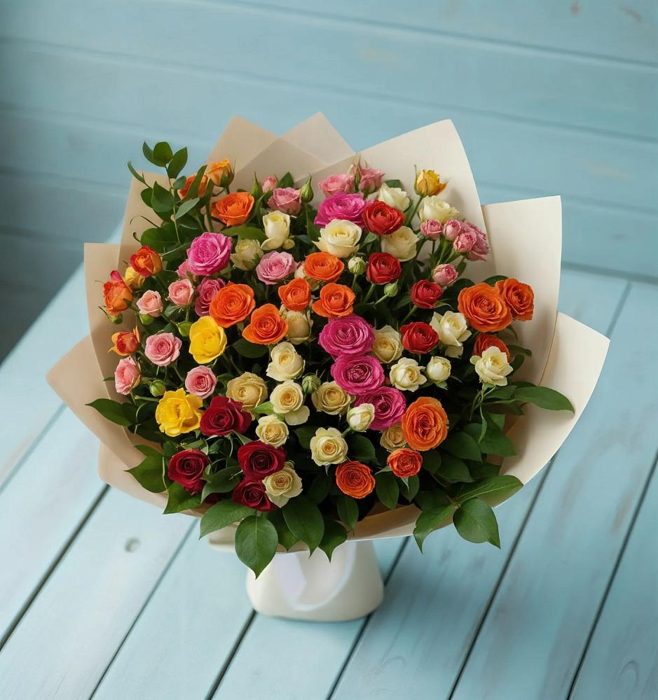 Букет Микс из разноцветных кустовых роз в Унъюган