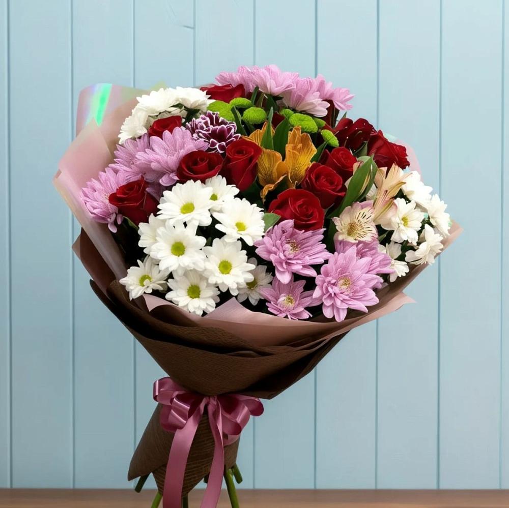 Букет цветов из: Розы, Хризантемы и Альстромерии в Унъюган