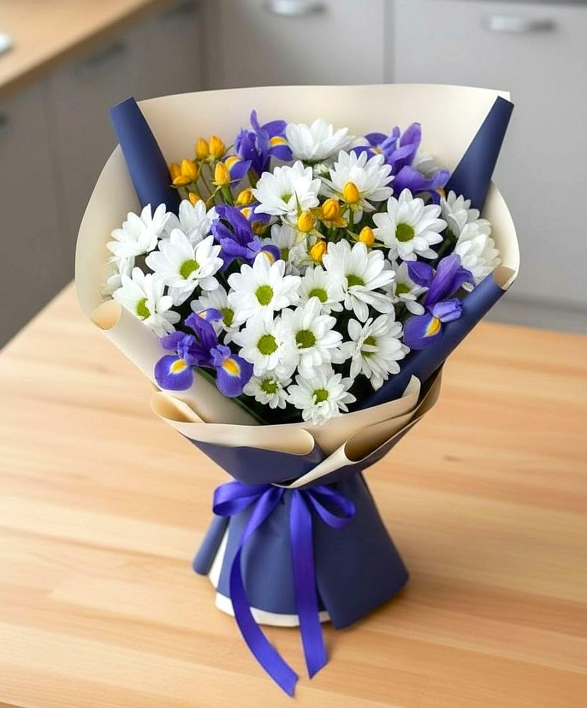 Букет цветов из: Розы, Ирисы и Хризантемы в Унъюган